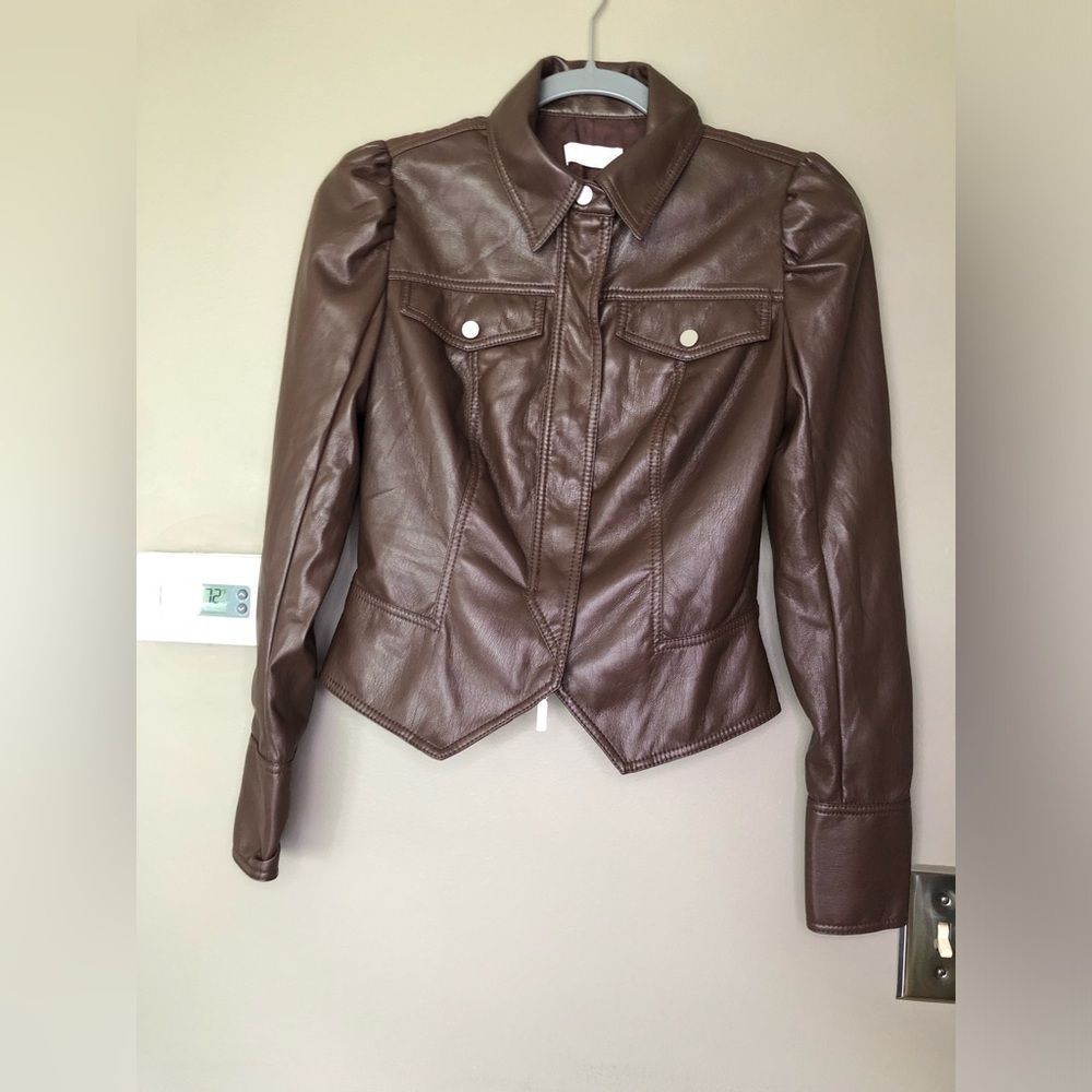 NWT Jonathan Simkhai Wyatt Vegan Leather Coffee Brown Puff Sleeve Jacket Size XS - Picture 4 of 10